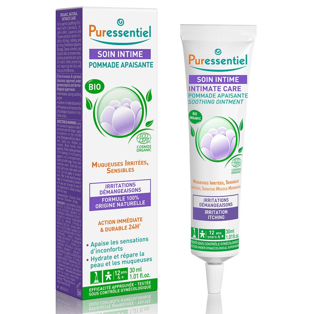 Tube et boîte avec texte: Soin Intime Pommade Apaisante Bio. Certifié Cosmos Organic. Pour muqueuses irritées.