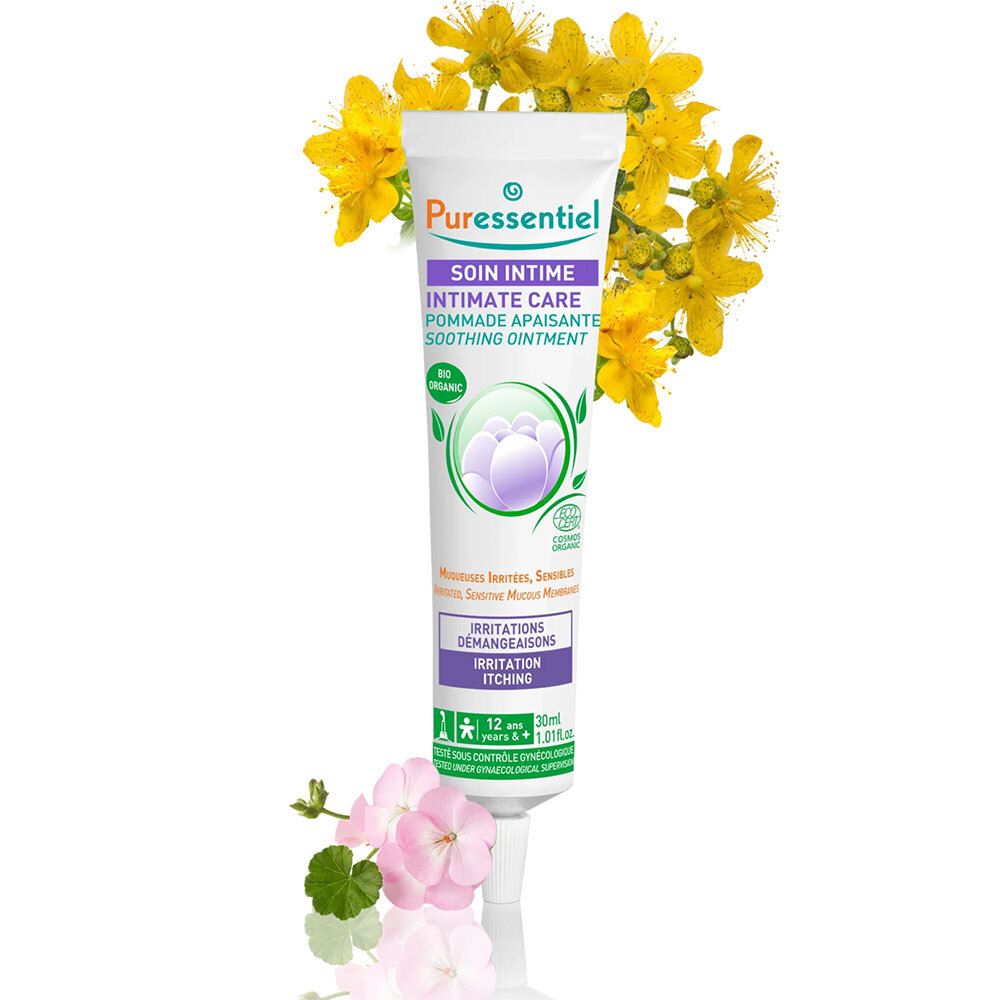 Tube avec texte: Soin Intime Intimate Care. Fleurs jaunes en arrière-plan. Certifié Bio. Pour muqueuses irritées.
