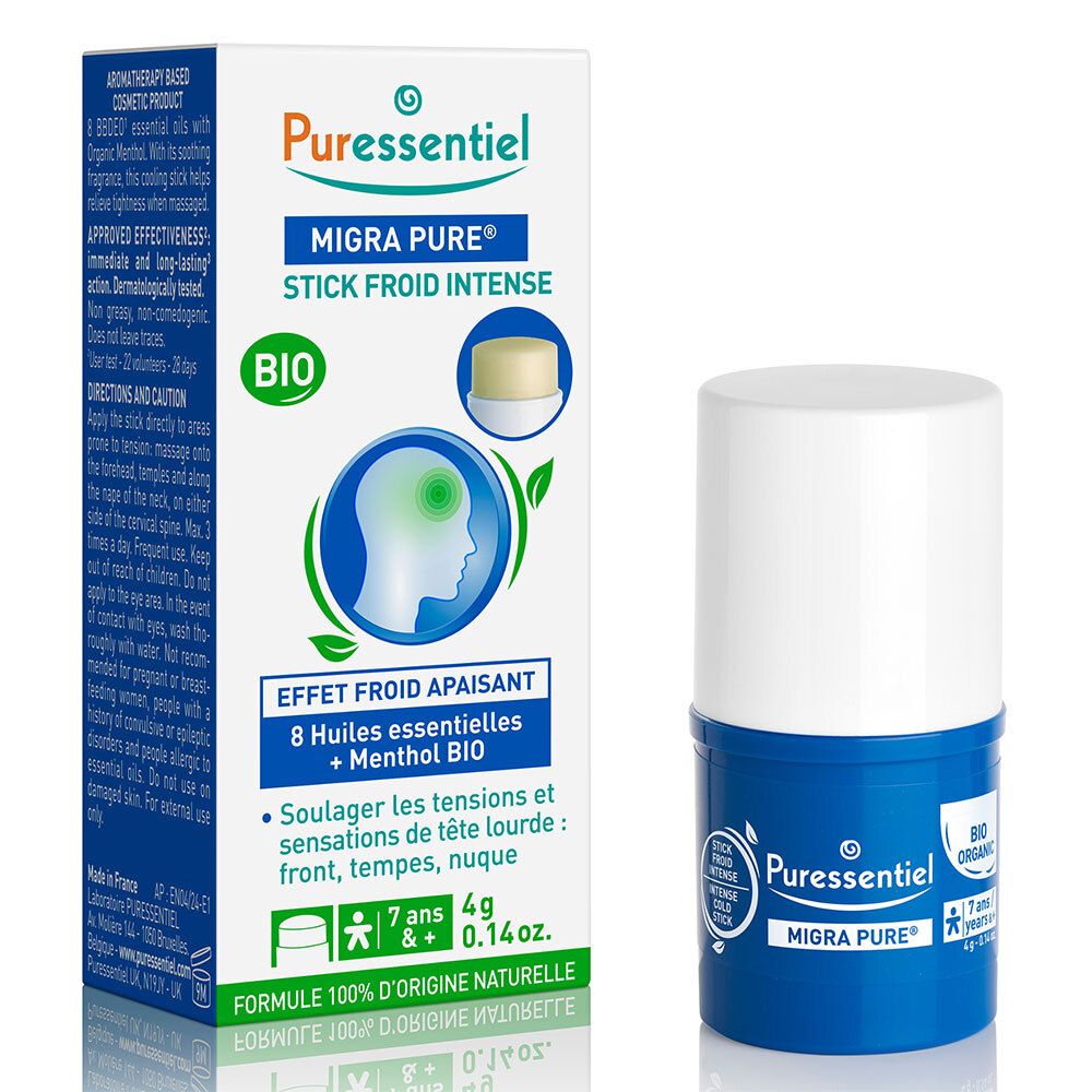 Stick froid intense Migra Pure, tube bleu et blanc, avec boîte. Ingrédients : 8 huiles essentielles + menthol.