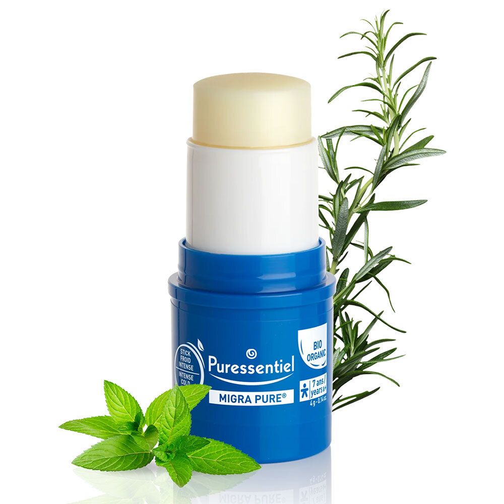 Stick Migra Pure, tube bleu et blanc, avec herbes. Contient 8 huiles essentielles + menthol BIO.