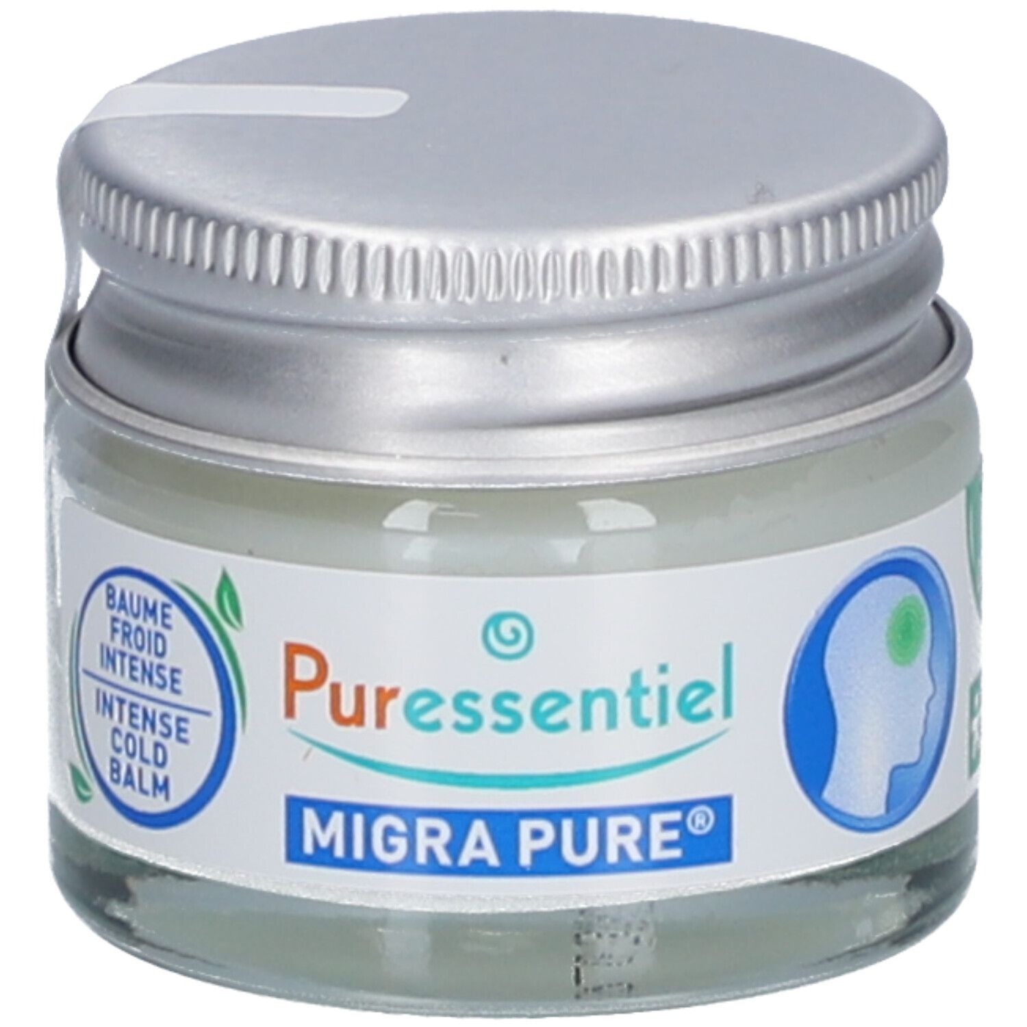 Pot en verre avec couvercle argenté. Inscription: Puressentiel, Migra Pure, Baume Froid Intense. Sceau.