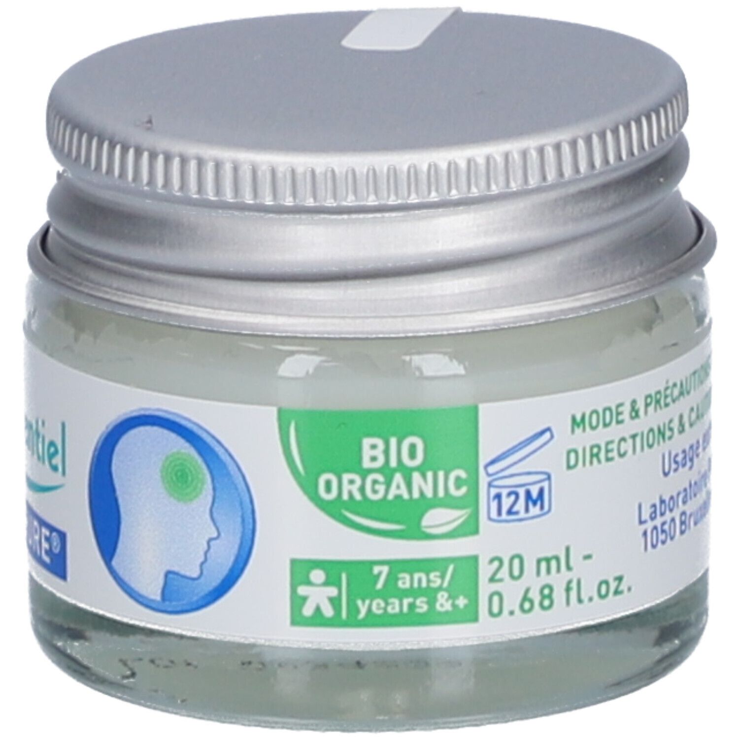Pot en verre avec couvercle argenté. Inscription: 20 ml, 0.68 fl.oz. Label Bio. Symbole 12M.
