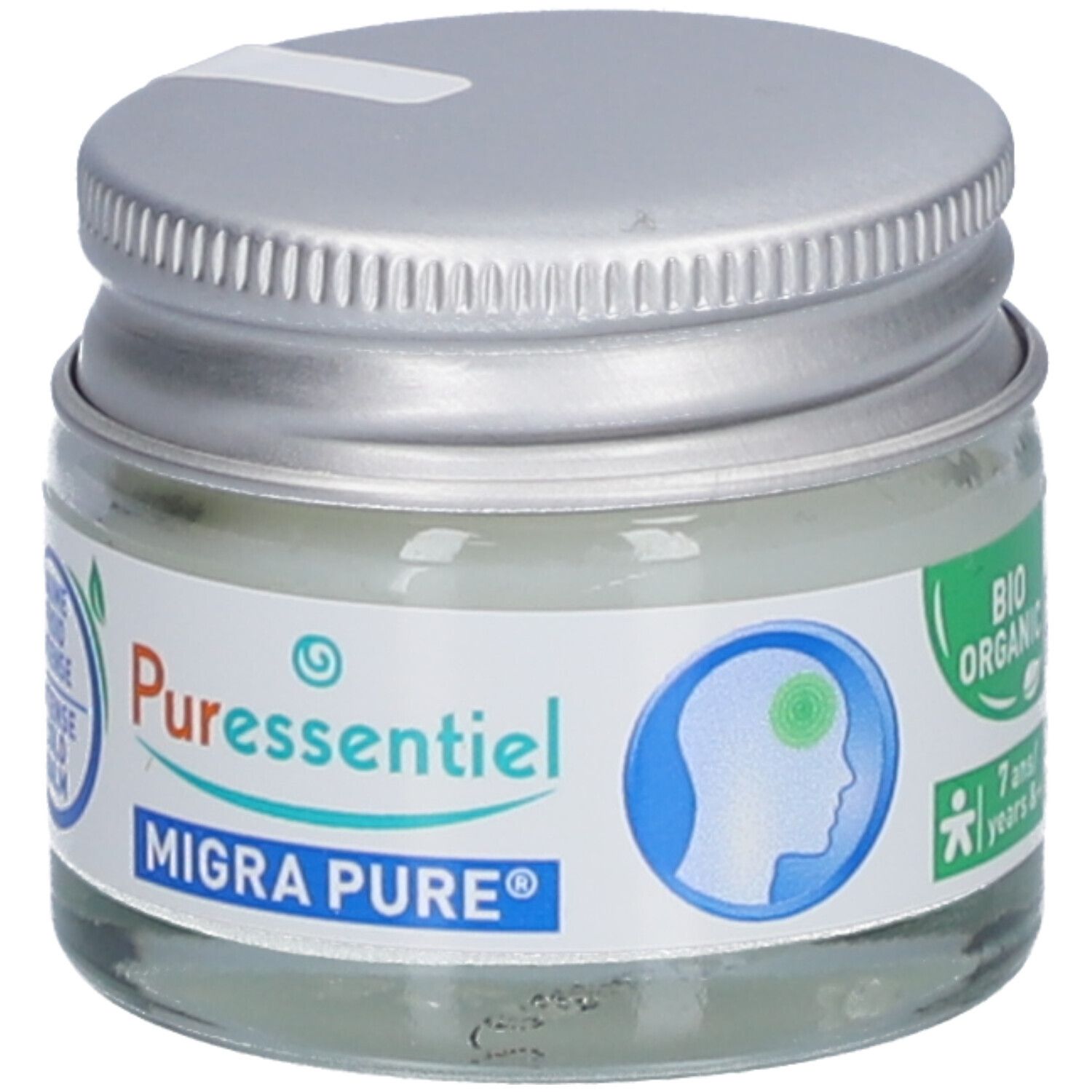 Pot en verre avec couvercle argenté. Inscription: Puressentiel, Migra Pure. Label Bio. 7+ ans.