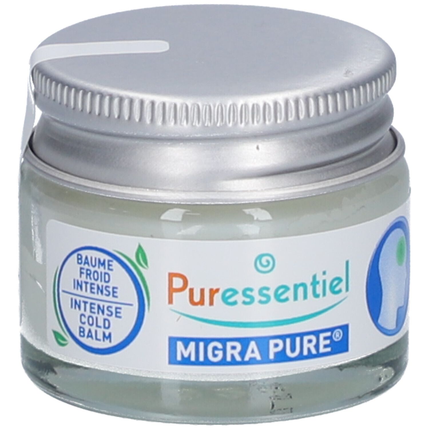 Pot en verre avec couvercle argenté. Inscription: Puressentiel, Migra Pure, Baume Froid Intense.