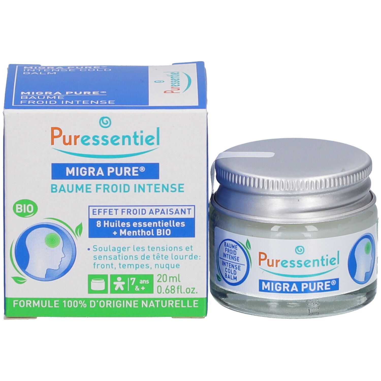Produit et emballage. Pot avec couvercle argenté et boîte. Inscription: Puressentiel, Migra Pure.