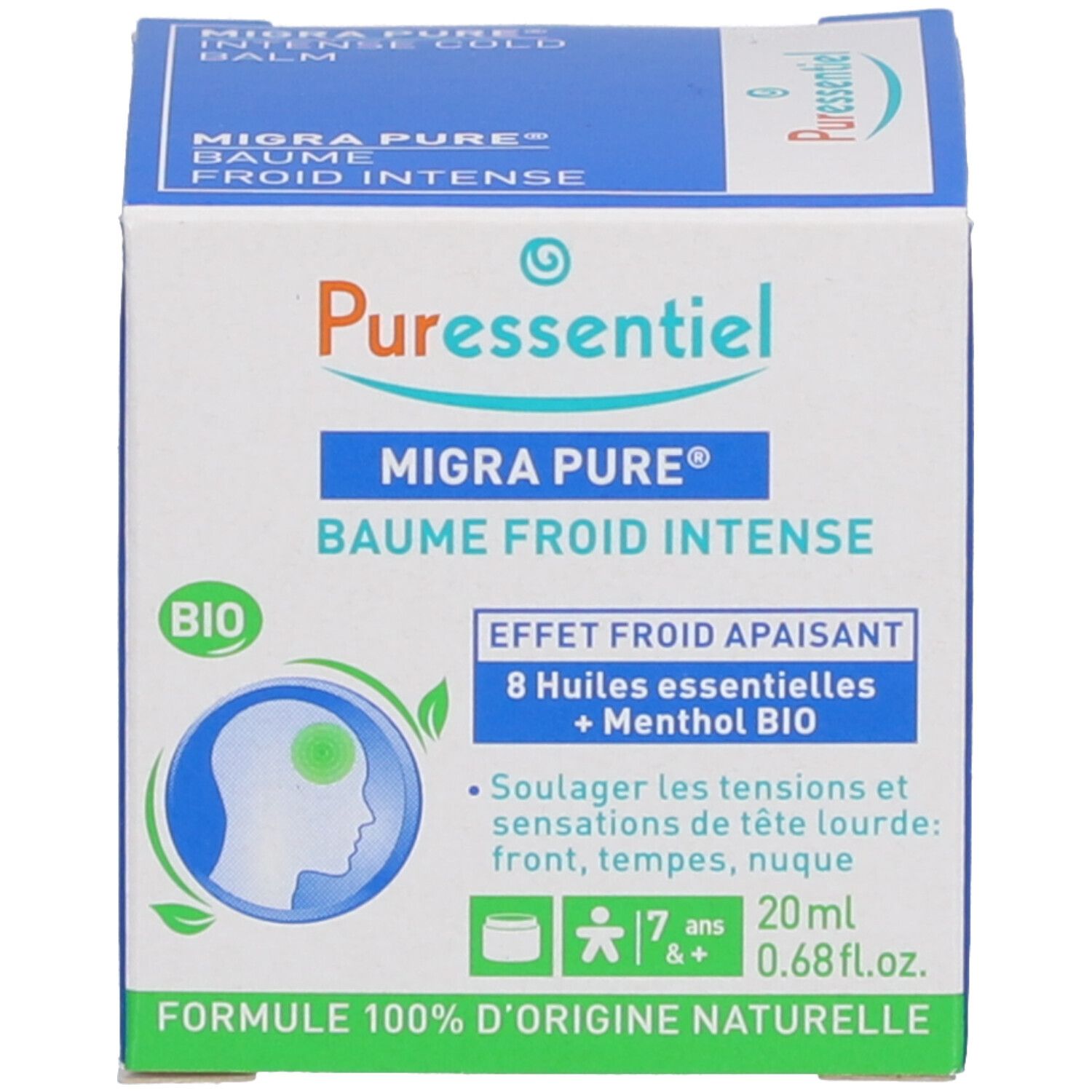 Emballage. Boîte avec inscription: Puressentiel, Migra Pure, Baume Froid Intense. Label Bio.