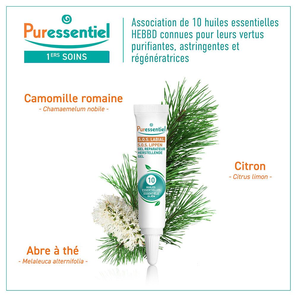 Puressentiel SOS Labial Gel mit 10 ätherischen Ölen, Tube, umgeben von Pinienzweigen und Blüten.
