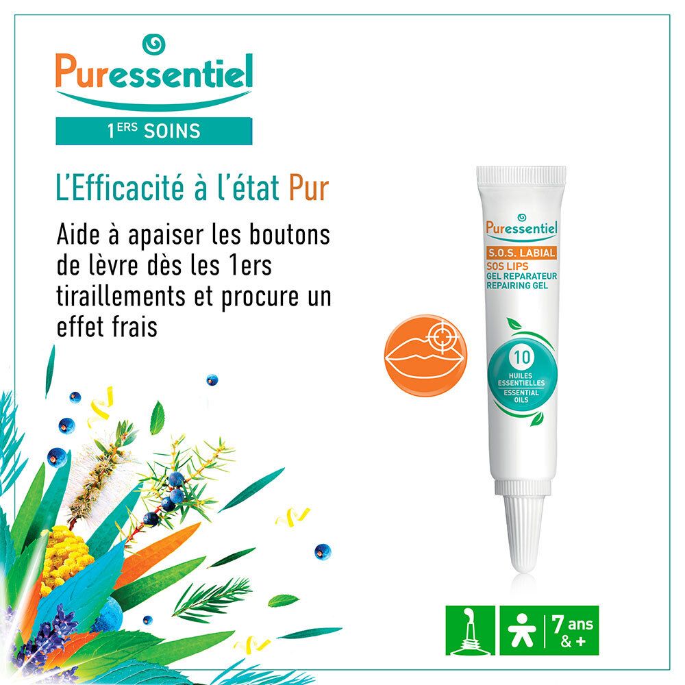 Puressentiel SOS Labial Gel mit 10 ätherischen Ölen, Tube und botanische Illustrationen.