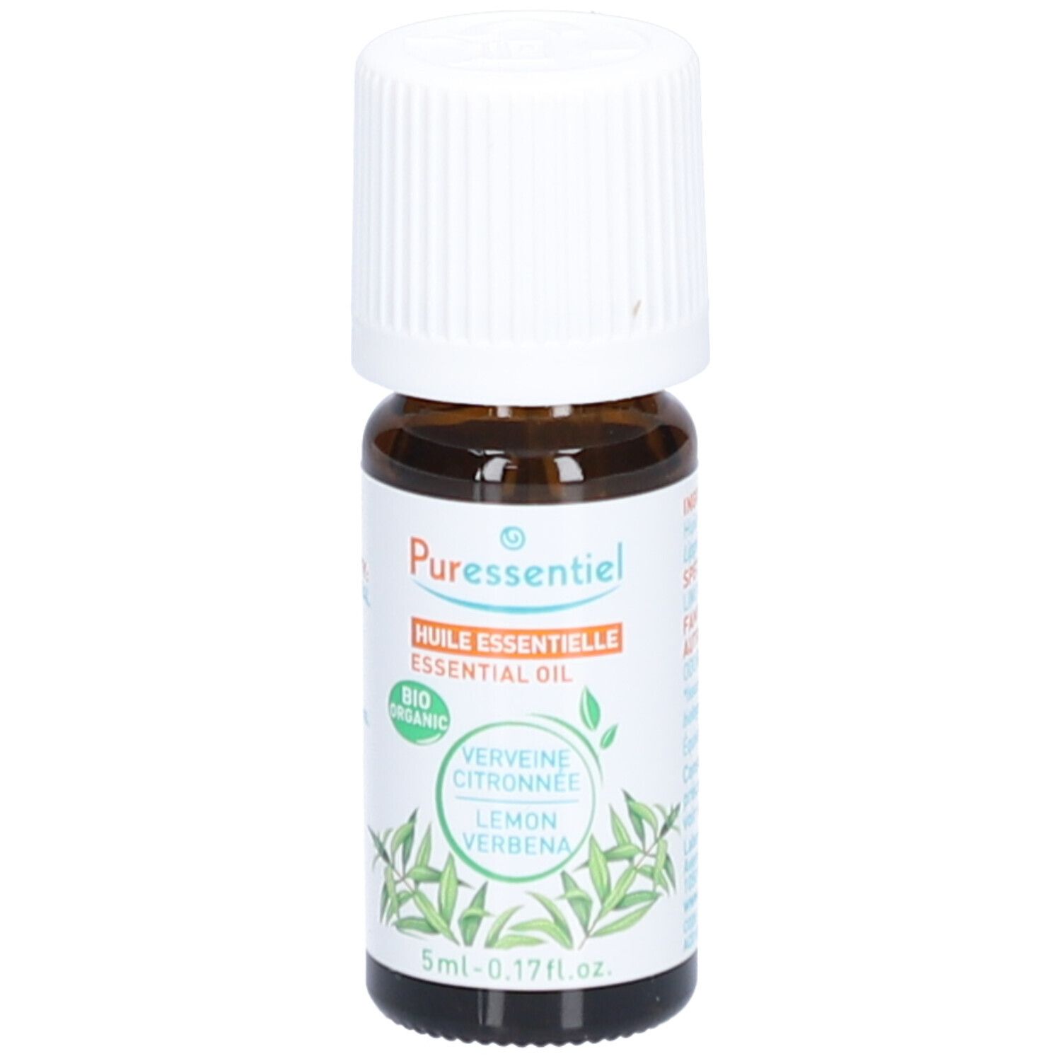 Flacon en verre brun avec bouchon blanc. Étiquette avec texte : "Puressentiel", "Huile essentielle", "Verveine Citronnée", "Lemon Verbena".