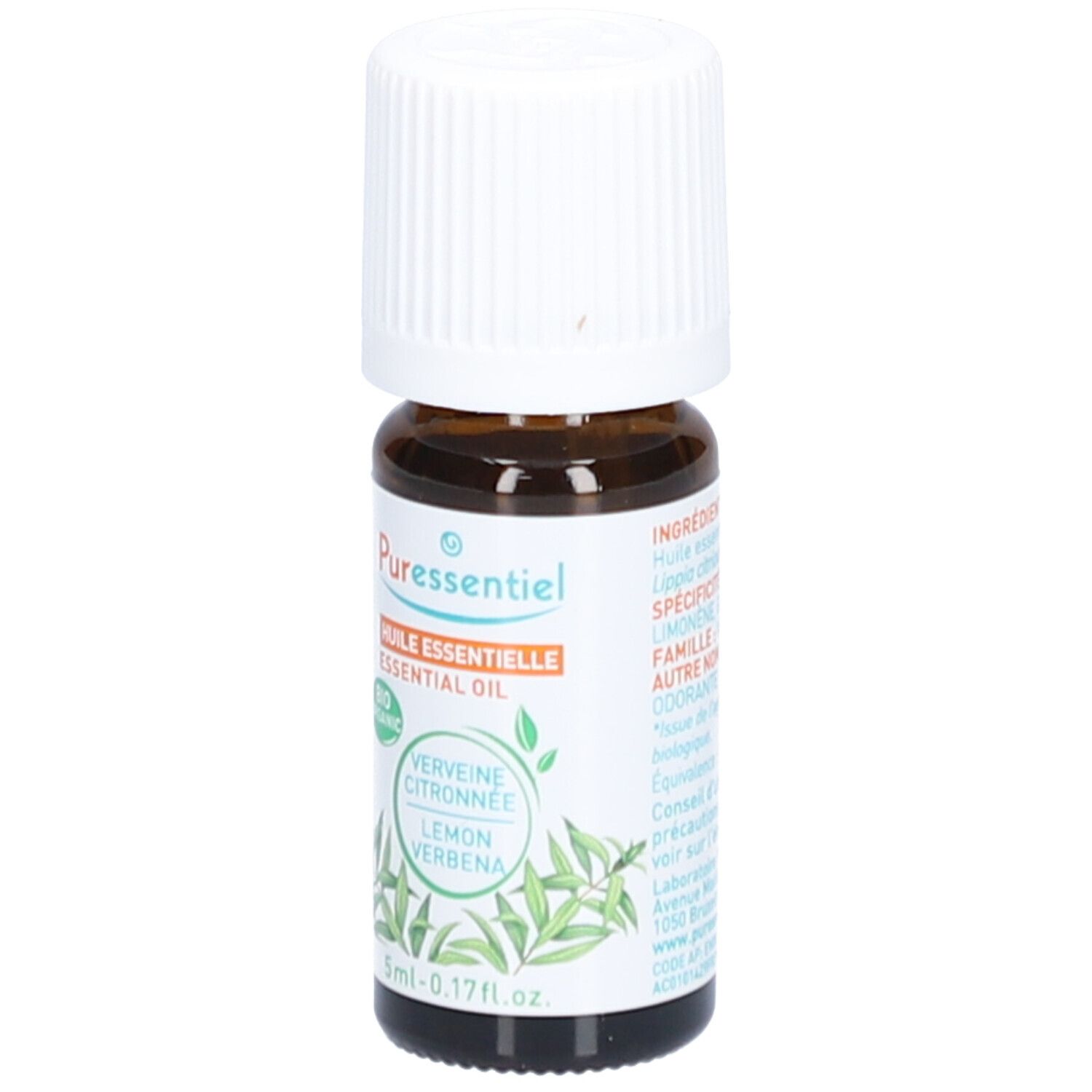 Flacon en verre brun avec bouchon blanc. Étiquette avec texte : "Puressentiel", "Huile essentielle", "Verveine Citronnée", "Lemon Verbena".