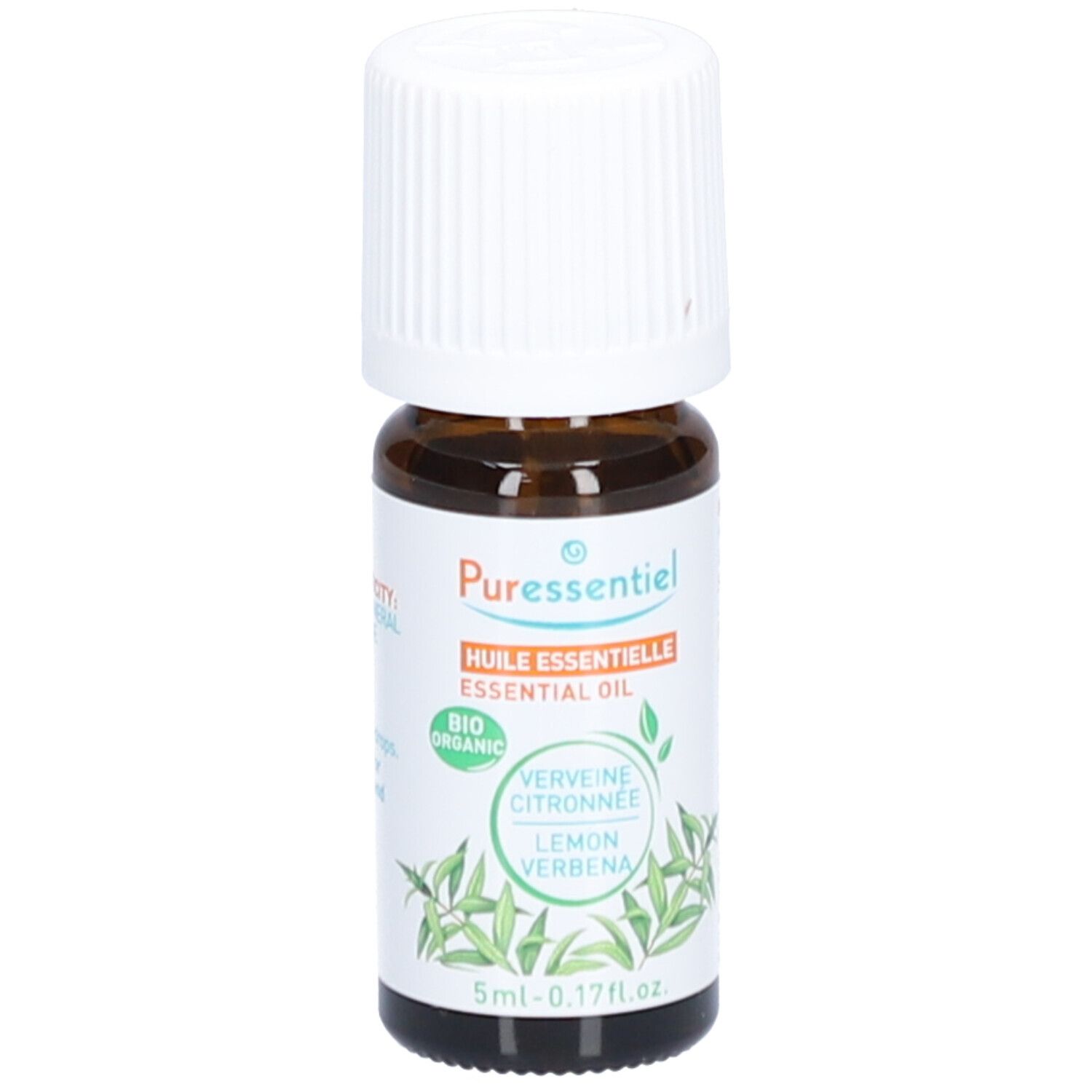 Flacon en verre brun avec bouchon blanc. Étiquette avec texte : "Puressentiel", "Huile essentielle", "Verveine Citronnée", "Lemon Verbena".