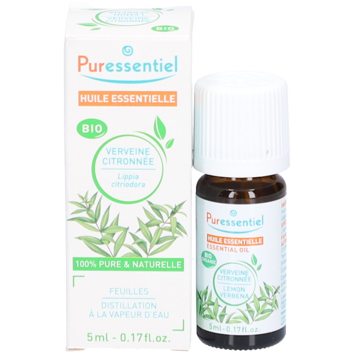 Flacon en verre brun et boîte. Sur le flacon : "Puressentiel", "Huile essentielle", "Verveine Citronnée". Sur la boîte : "Bio".