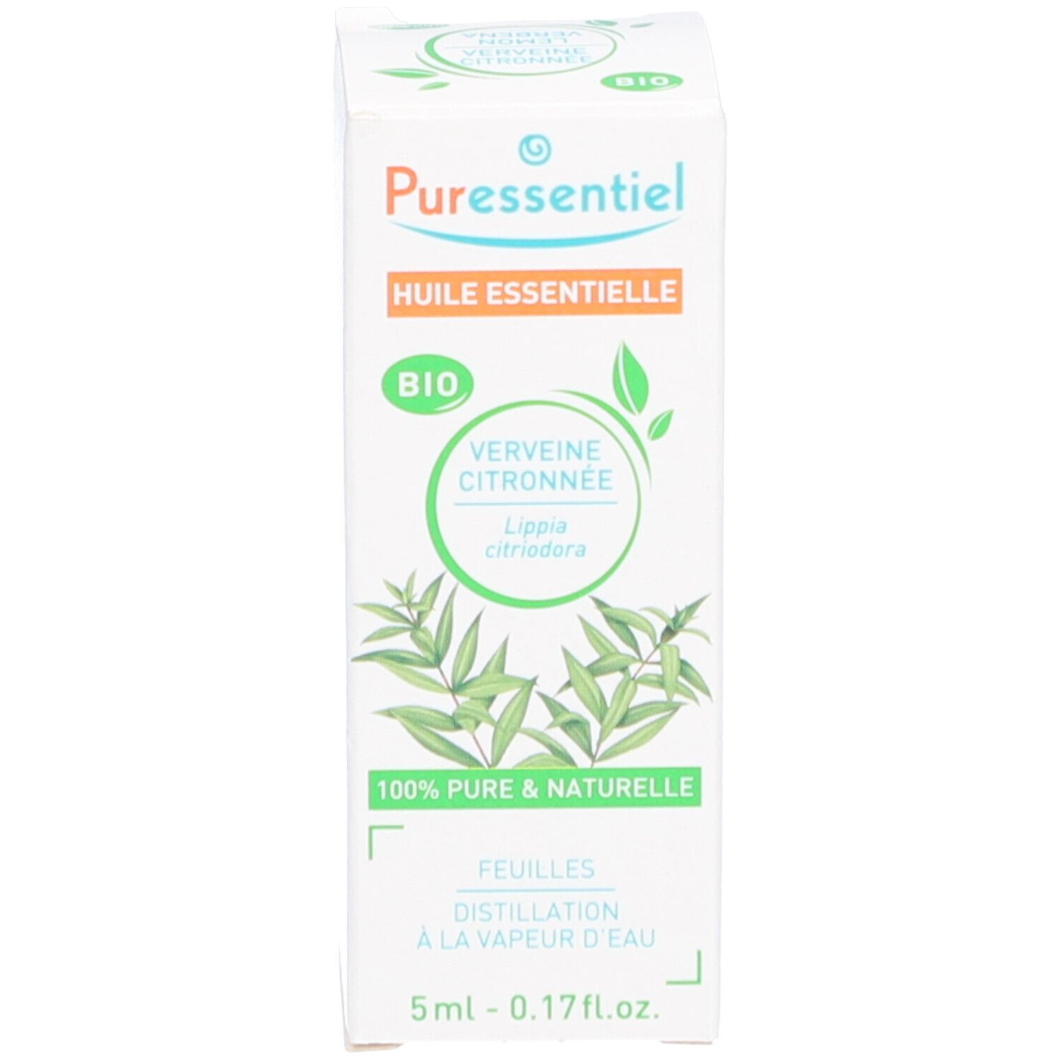 Boîte avec texte : "Puressentiel", "Huile essentielle", "Verveine Citronnée", "Bio". Avec label AB bio.
