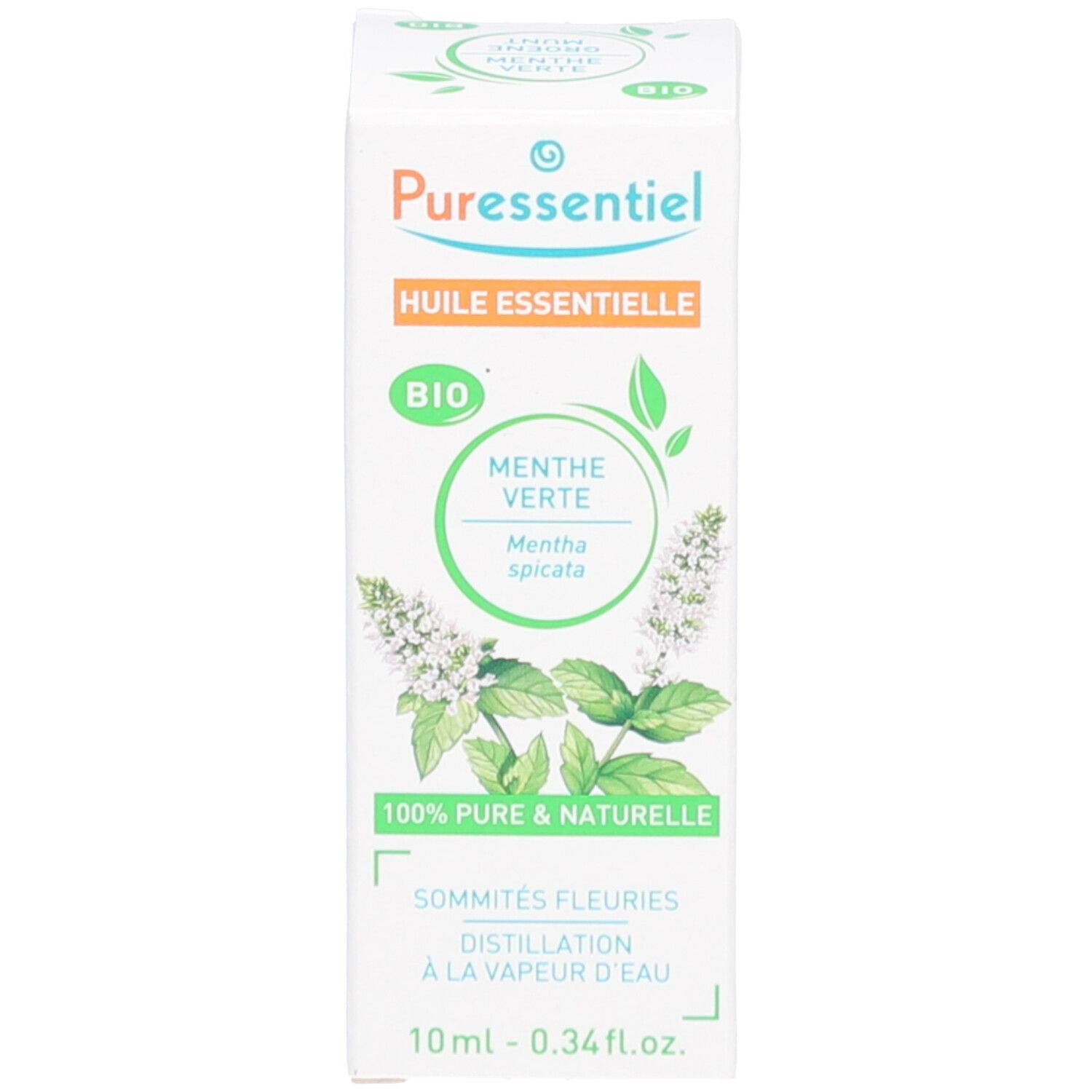 Emballage avec nom du produit, label bio et informations. Fond blanc.