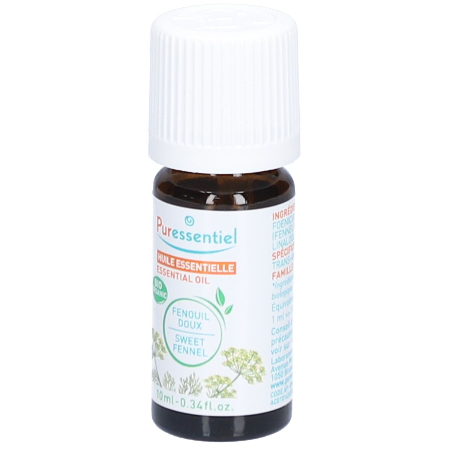 Flacon en verre brun avec bouchon blanc. Étiquette: Puressentiel, Huile Essentielle, Fencouil doux bio. 10ml.