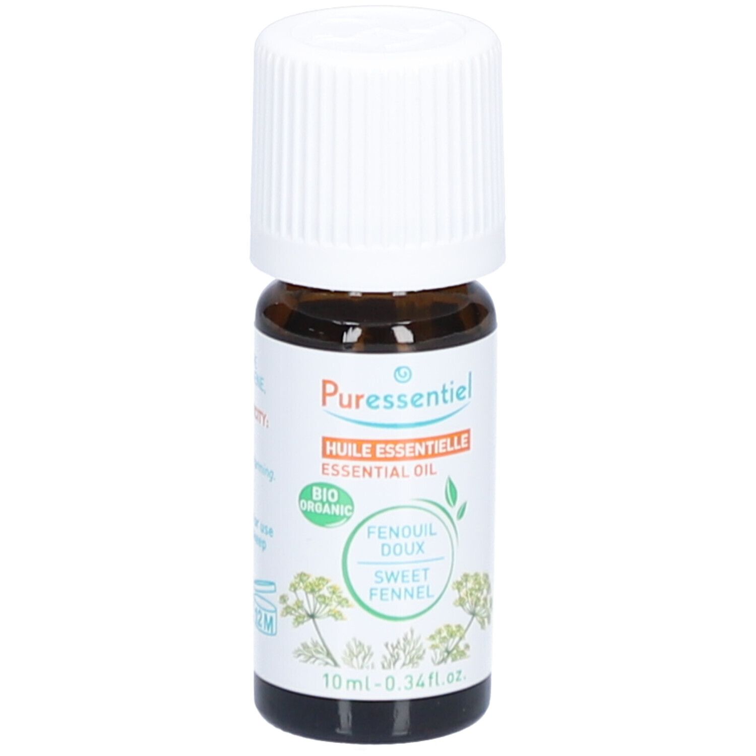 Flacon en verre brun avec bouchon blanc. Étiquette: Puressentiel, Huile Essentielle, Fencouil doux bio. 10ml.