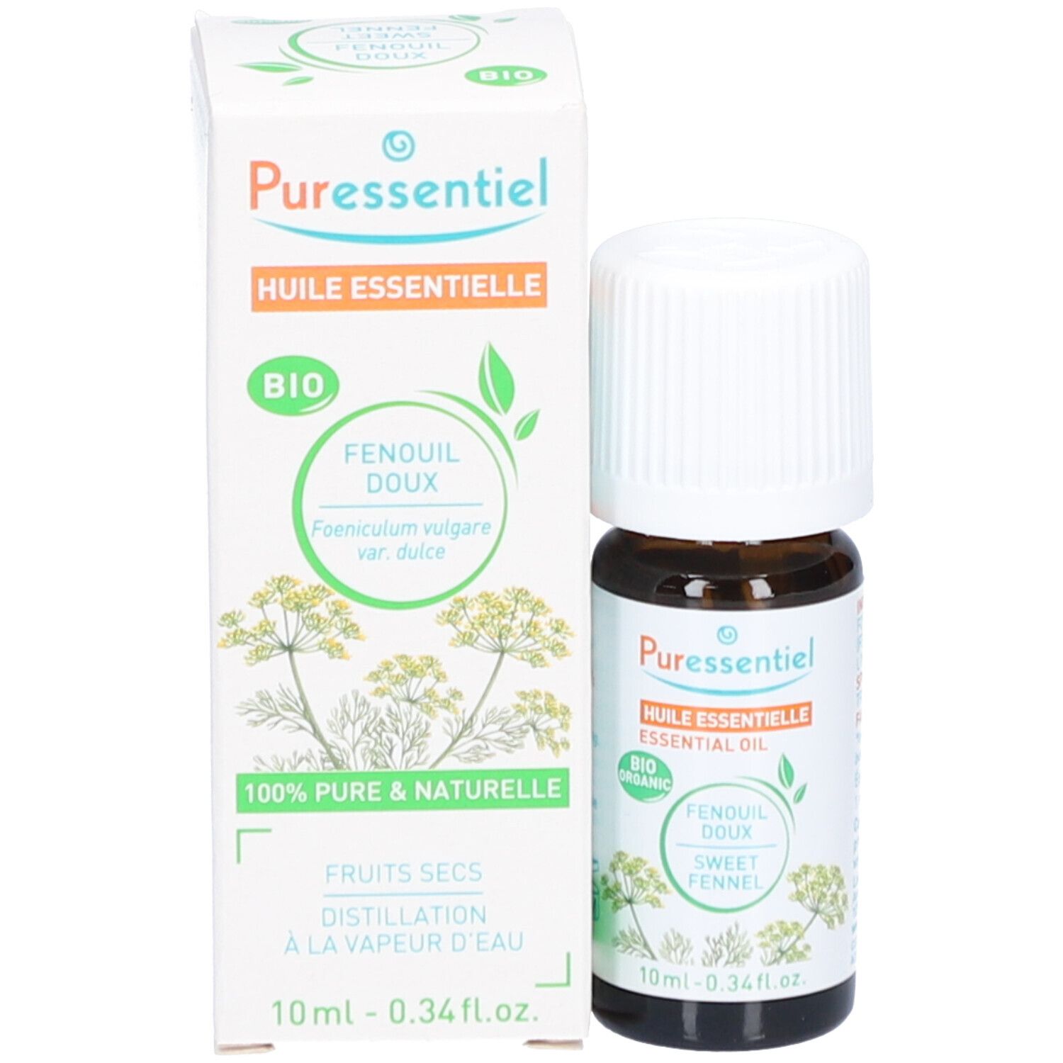 Emballage et flacon. Boîte blanche avec flacon. Texte: Puressentiel, Huile Essentielle, Fencouil doux bio. 10ml.