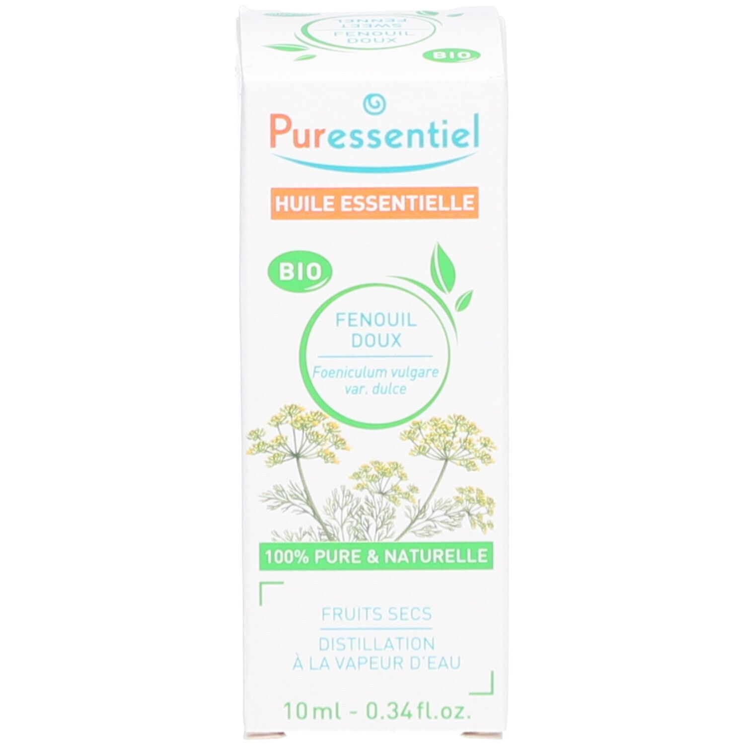 Emballage blanc. Texte: Puressentiel, Huile Essentielle, Fencouil doux bio. 10ml.