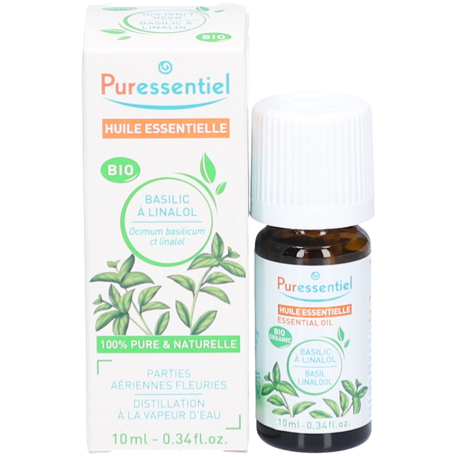 Flacon et emballage du produit. Boîte blanche avec nom et logo du produit. Label "BIO".