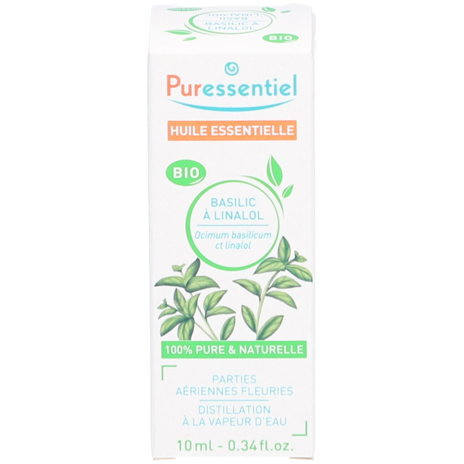 Boîte blanche avec nom et logo du produit. Label "BIO". Description et ingrédients du produit.