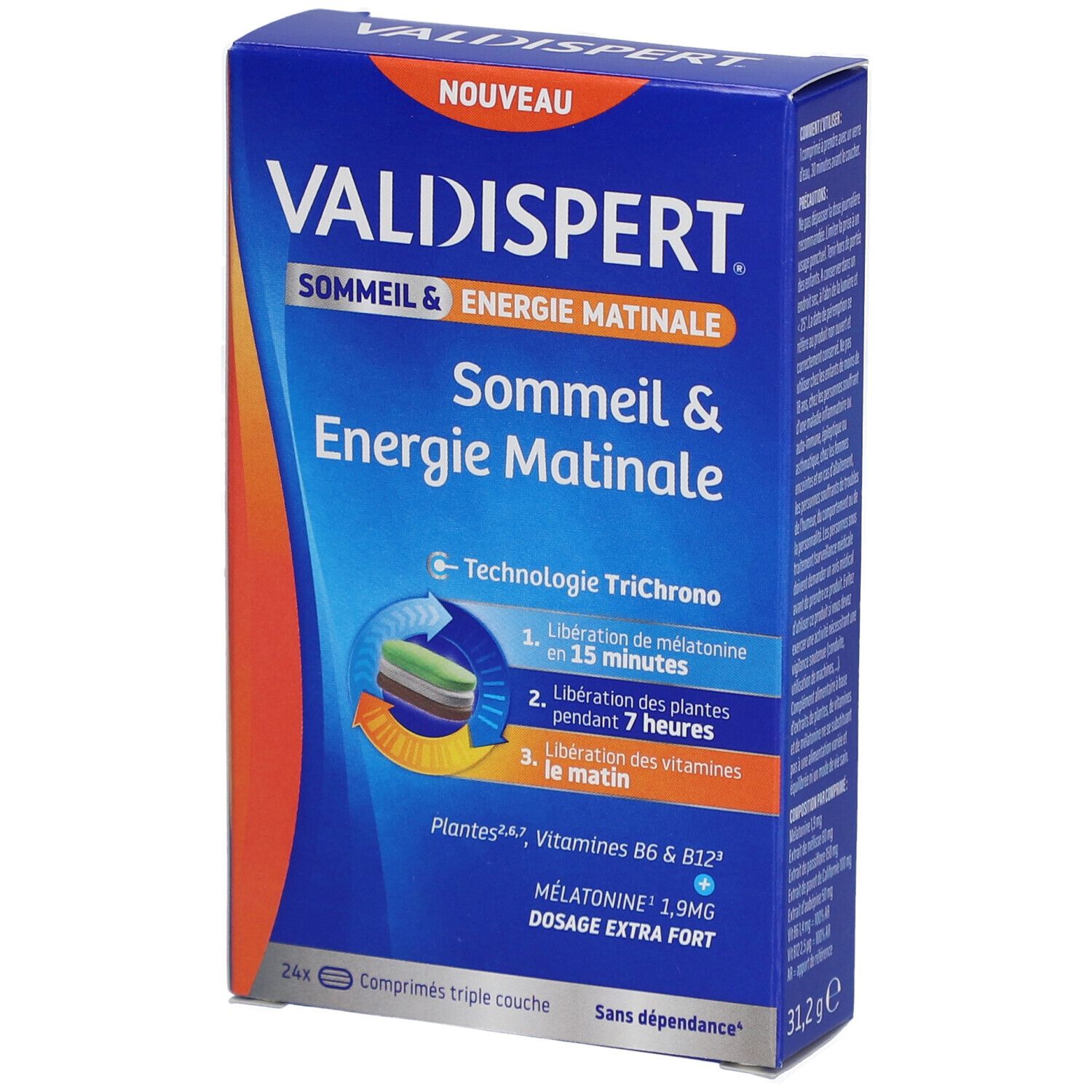 Boîte VALDISPERT, Sommeil & Energie Matinale. Contient 24 comprimés. Mélatonine, plantes et vitamines. Technologie Trichrono.