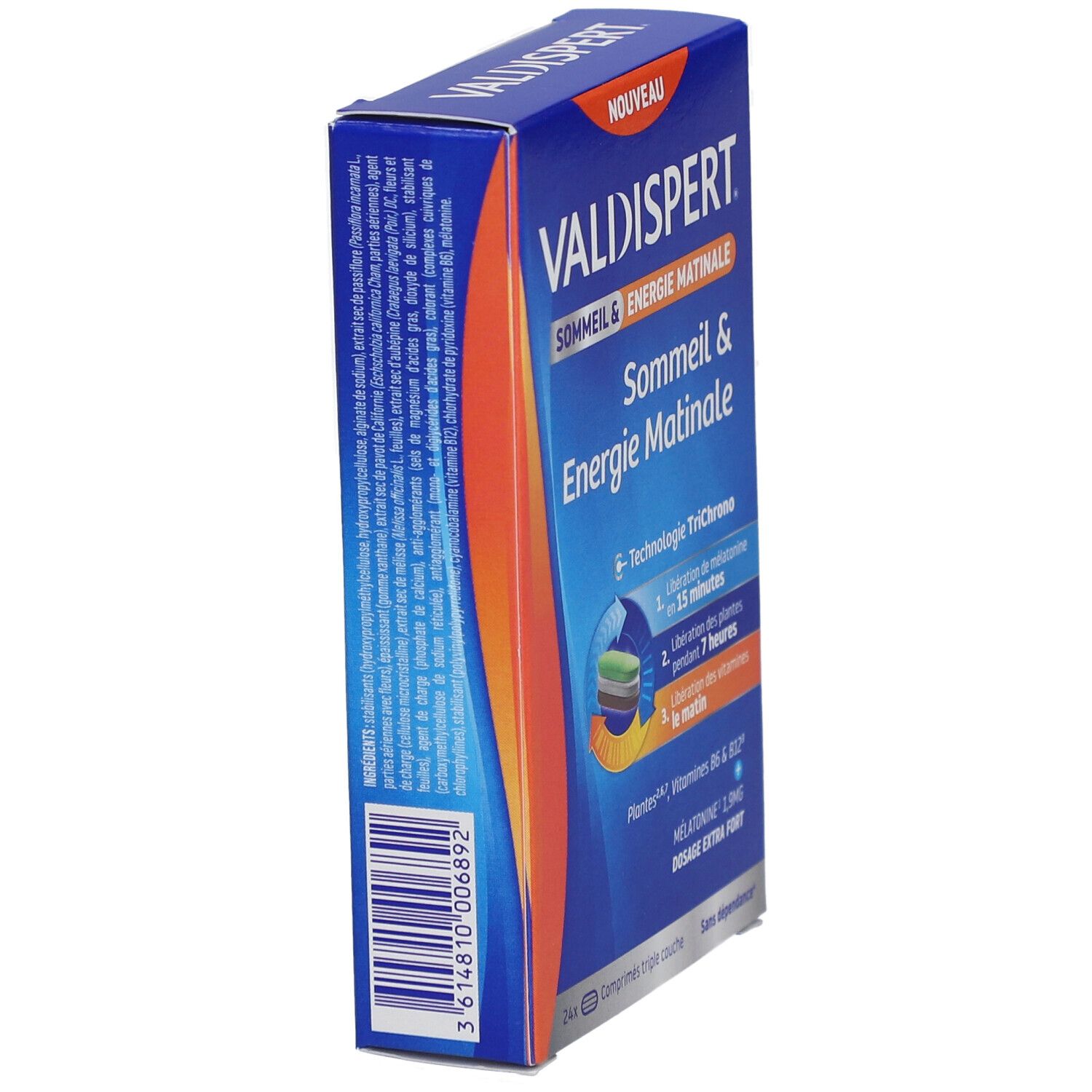 Boîte VALDISPERT, Sommeil & Energie Matinale. Ingrédients et code-barres visibles. Vue latérale.
