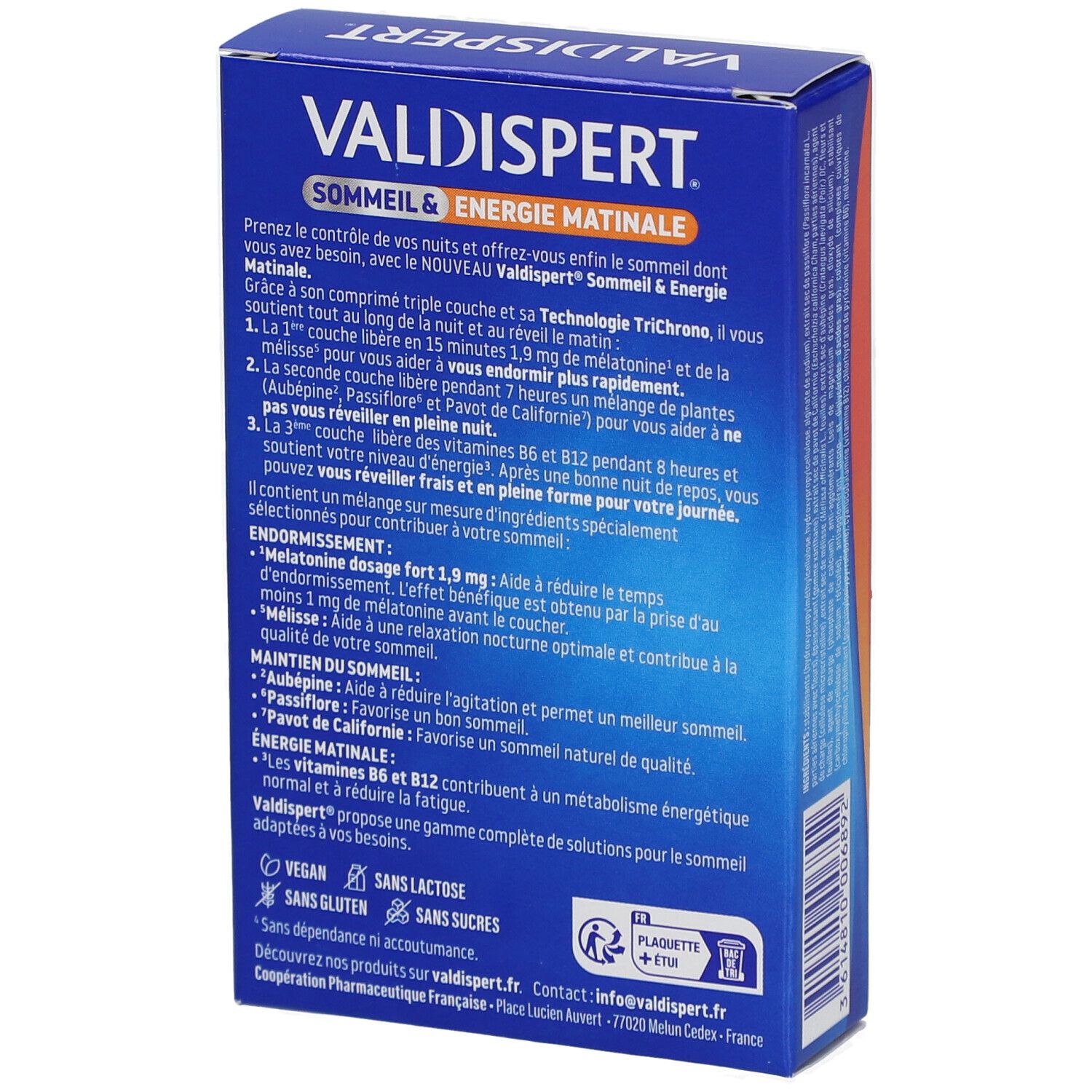 Dos de la boîte VALDISPERT. Texte sur le sommeil et l'énergie. Vegan, sans gluten et lactose. Ingrédients.