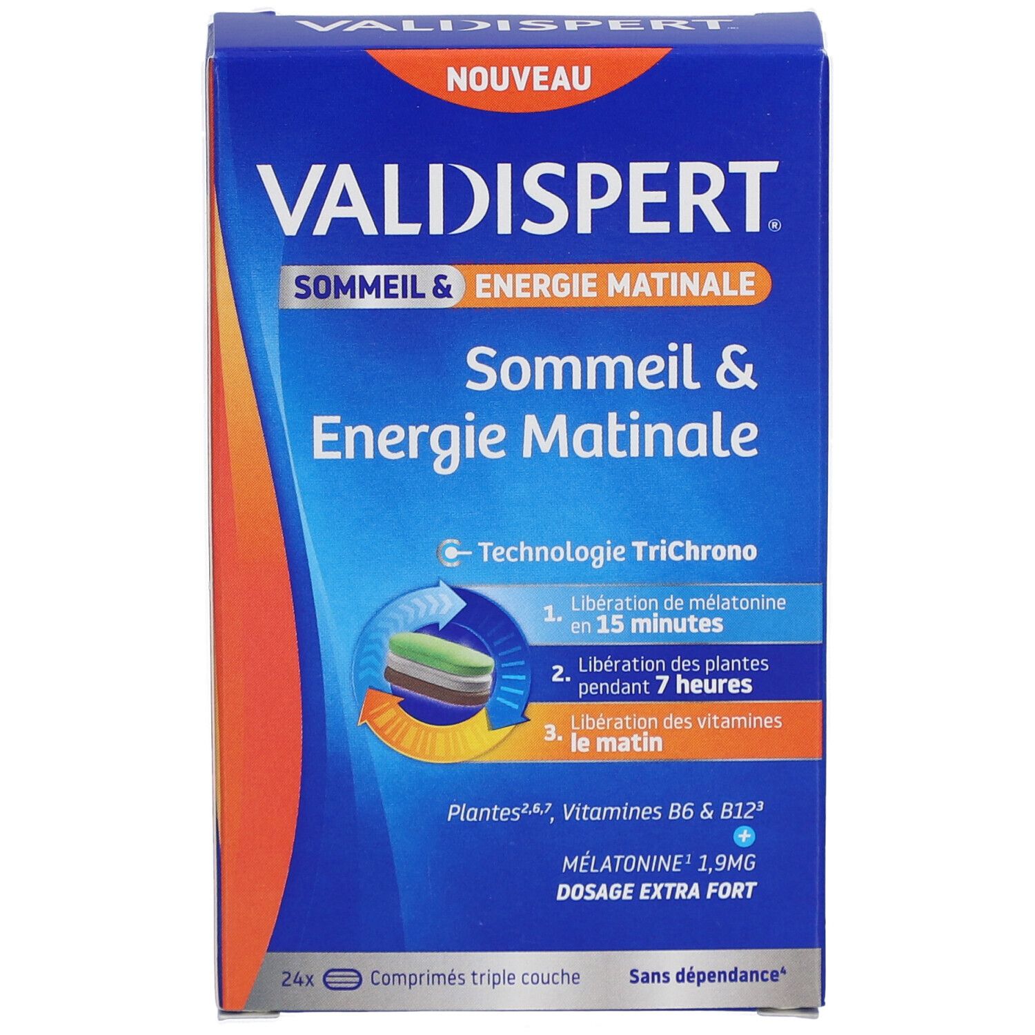 Boîte VALDISPERT, Sommeil & Energie Matinale. 24 comprimés. Mélatonine, plantes et vitamines. Technologie Trichrono.