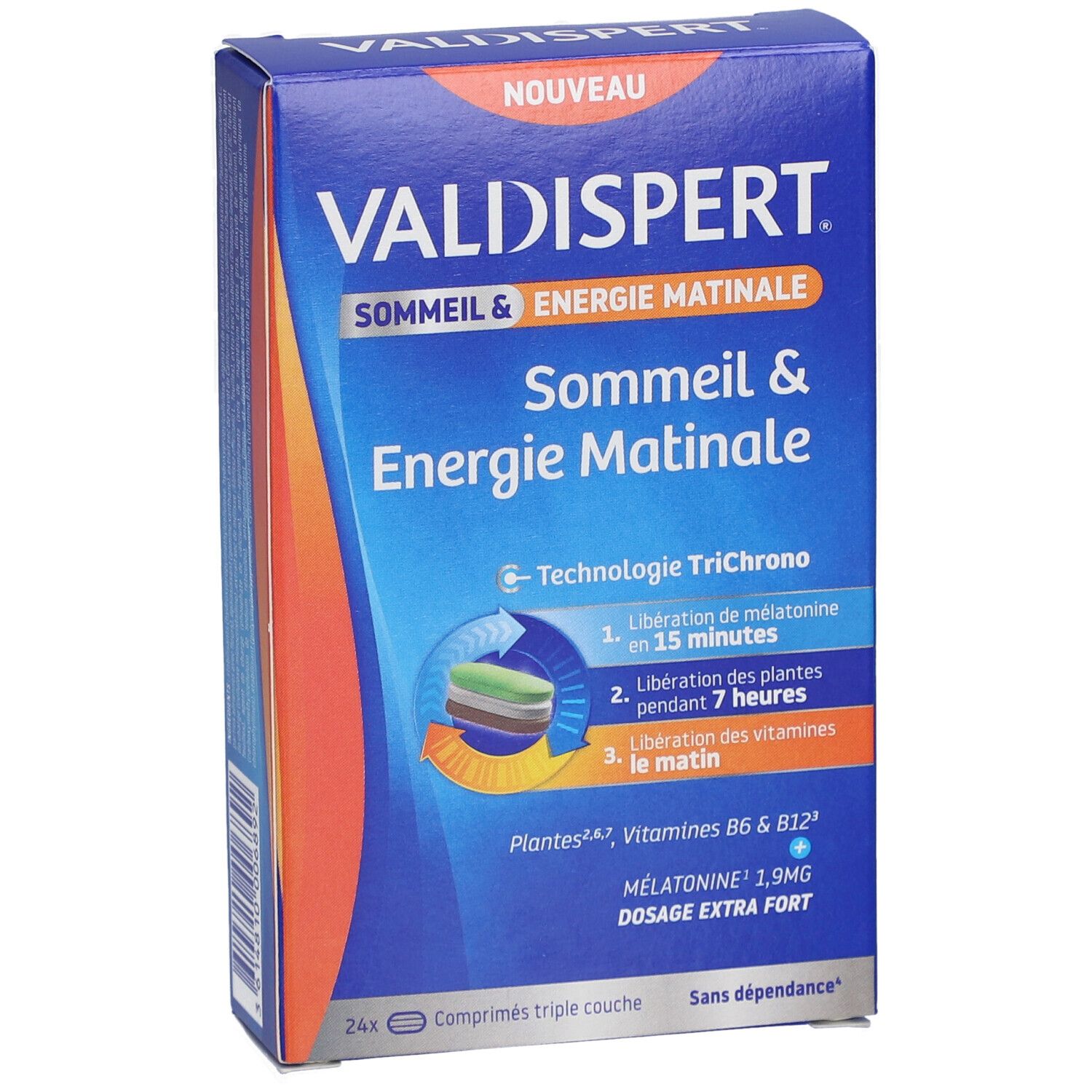 Boîte VALDISPERT, Sommeil & Energie Matinale. 24 comprimés. Mélatonine, plantes et vitamines. Technologie Trichrono.