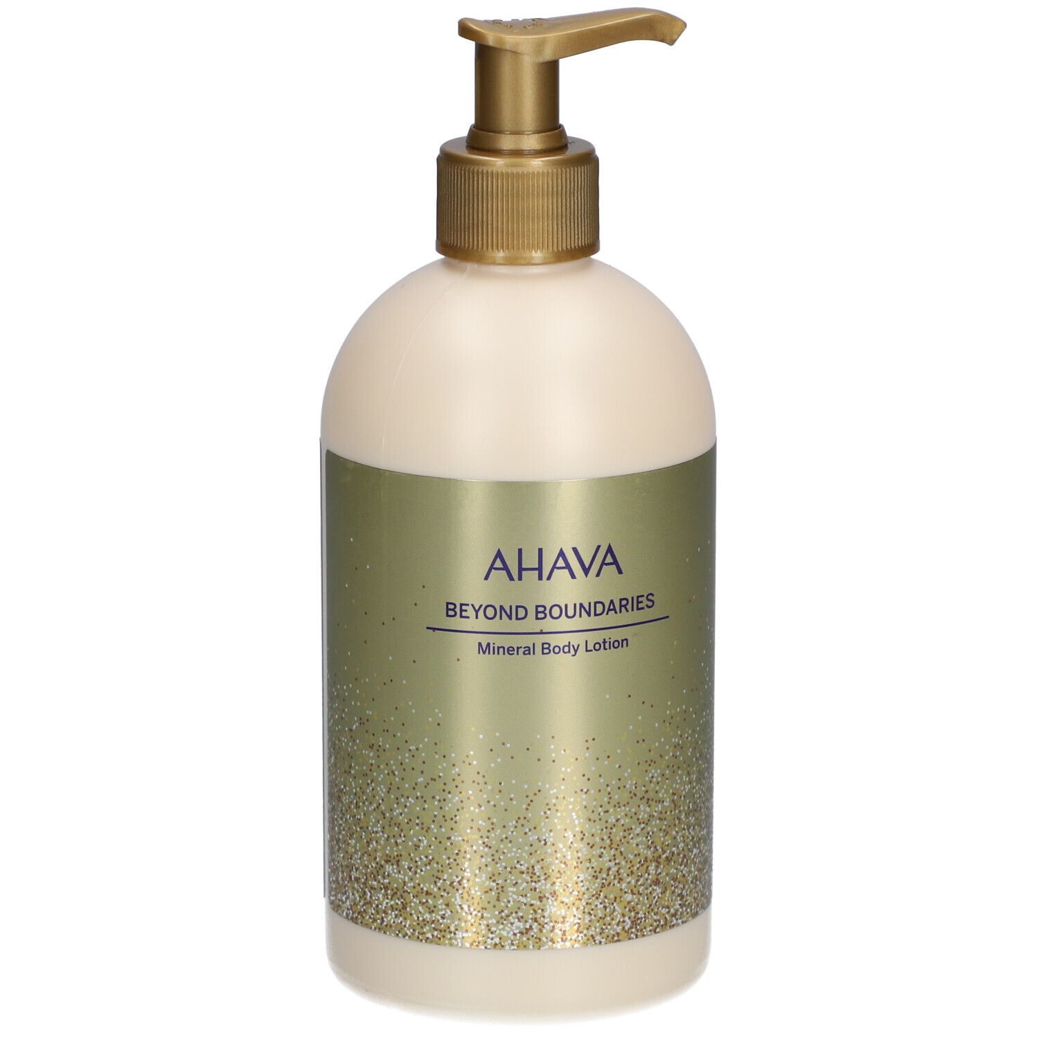 Crèmefles met gouden pomp. Opschrift: AHAVA Beyond Boundaries Mineral Body Lotion.