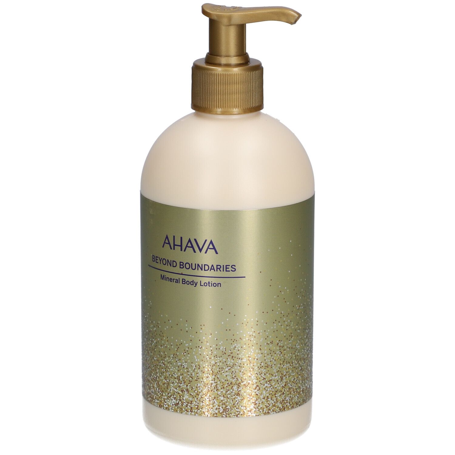 Crèmefles met gouden pomp. Opschrift: AHAVA Beyond Boundaries Mineral Body Lotion.