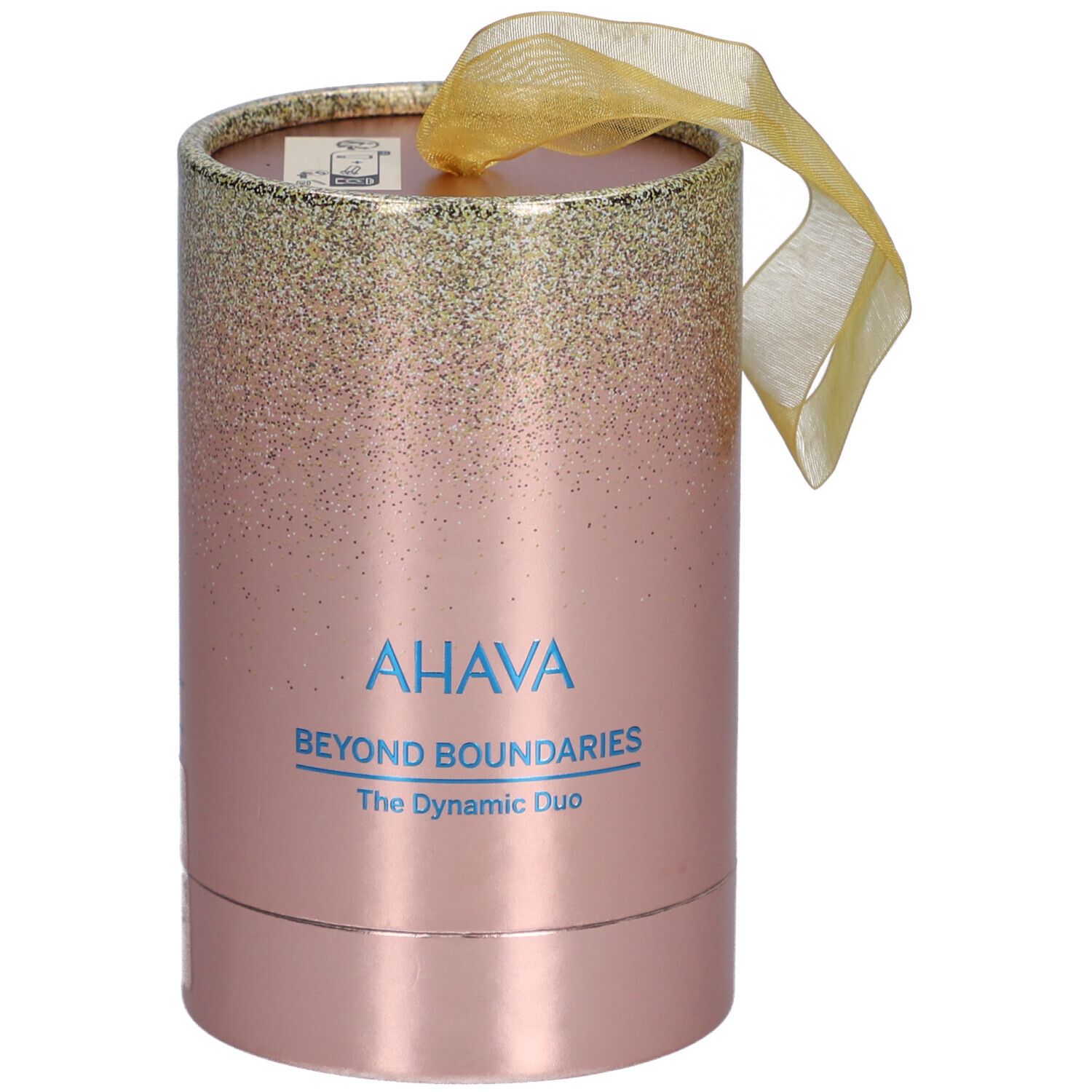 Emballage cadeau cylindrique rose avec dégradé doré. Logo AHAVA et texte. Ruban doré.