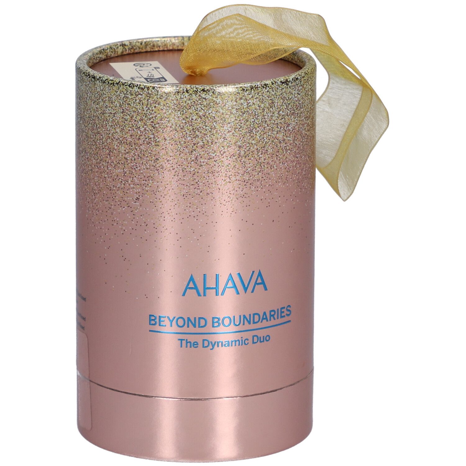 Emballage cadeau cylindrique rose avec dégradé doré. Logo AHAVA et texte. Ruban doré.