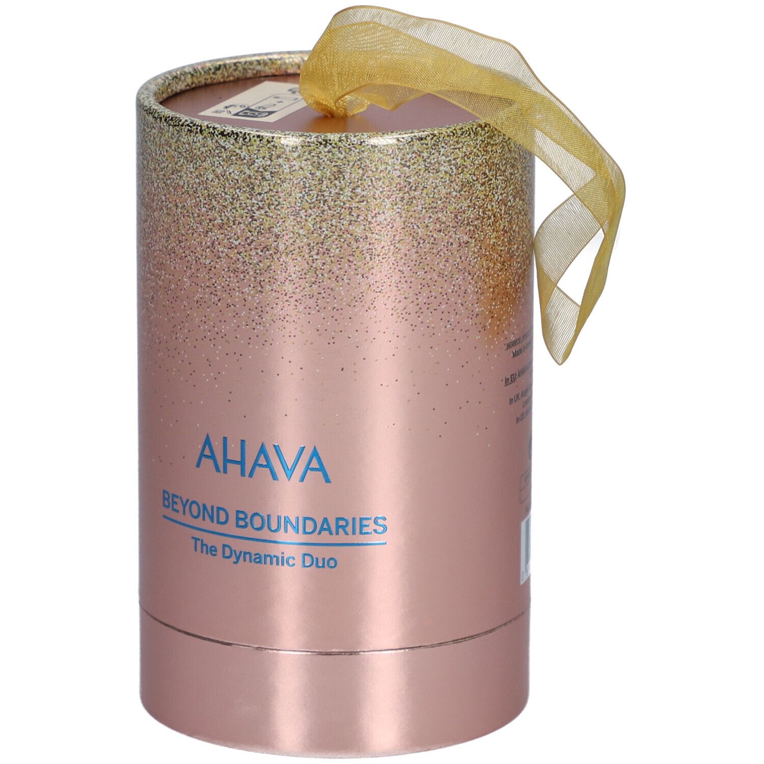 Emballage cadeau cylindrique rose avec dégradé doré. Logo AHAVA et texte. Ruban doré.