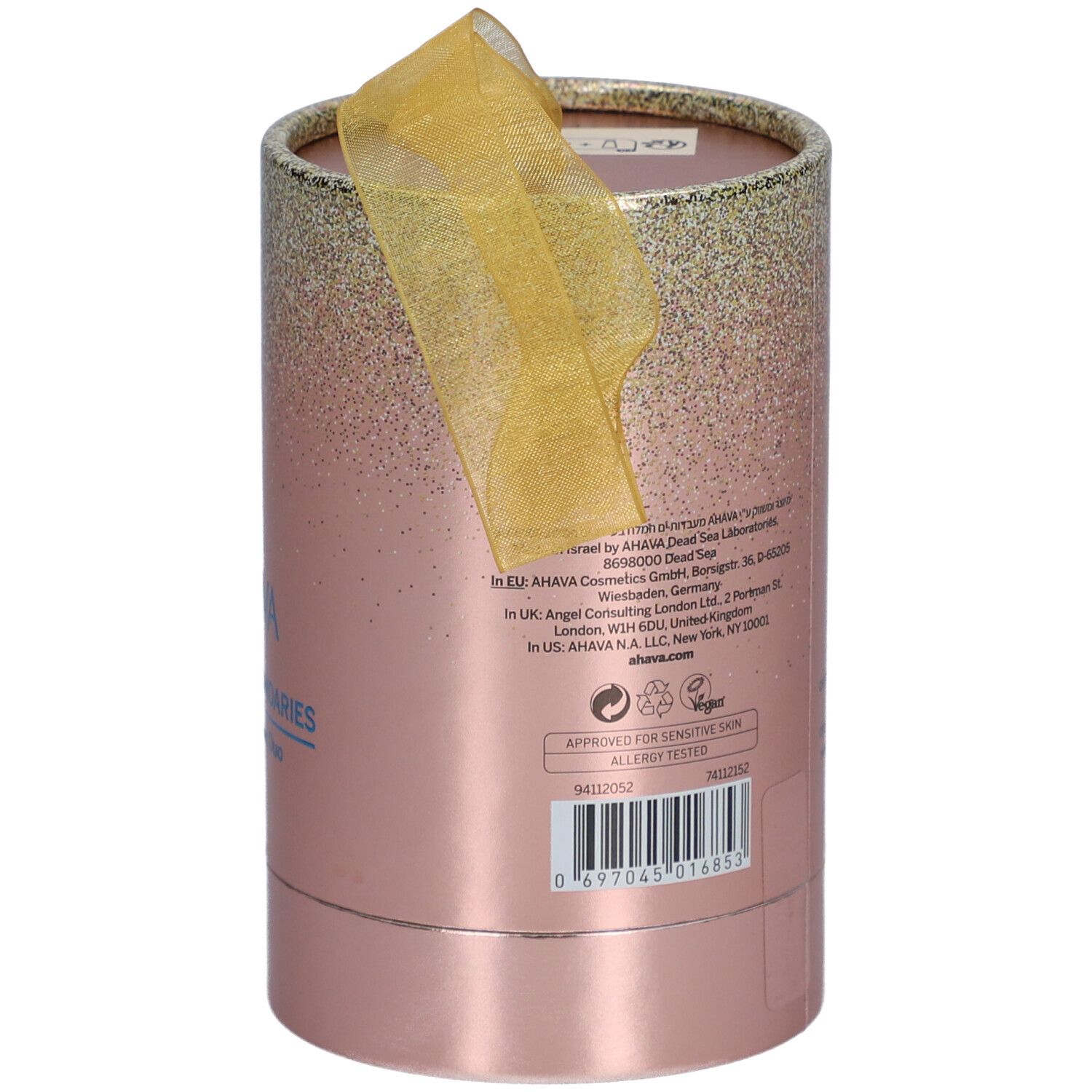 Emballage cadeau cylindrique rose avec dégradé doré. Texte et logos. Ruban doré. Logo végétalien.