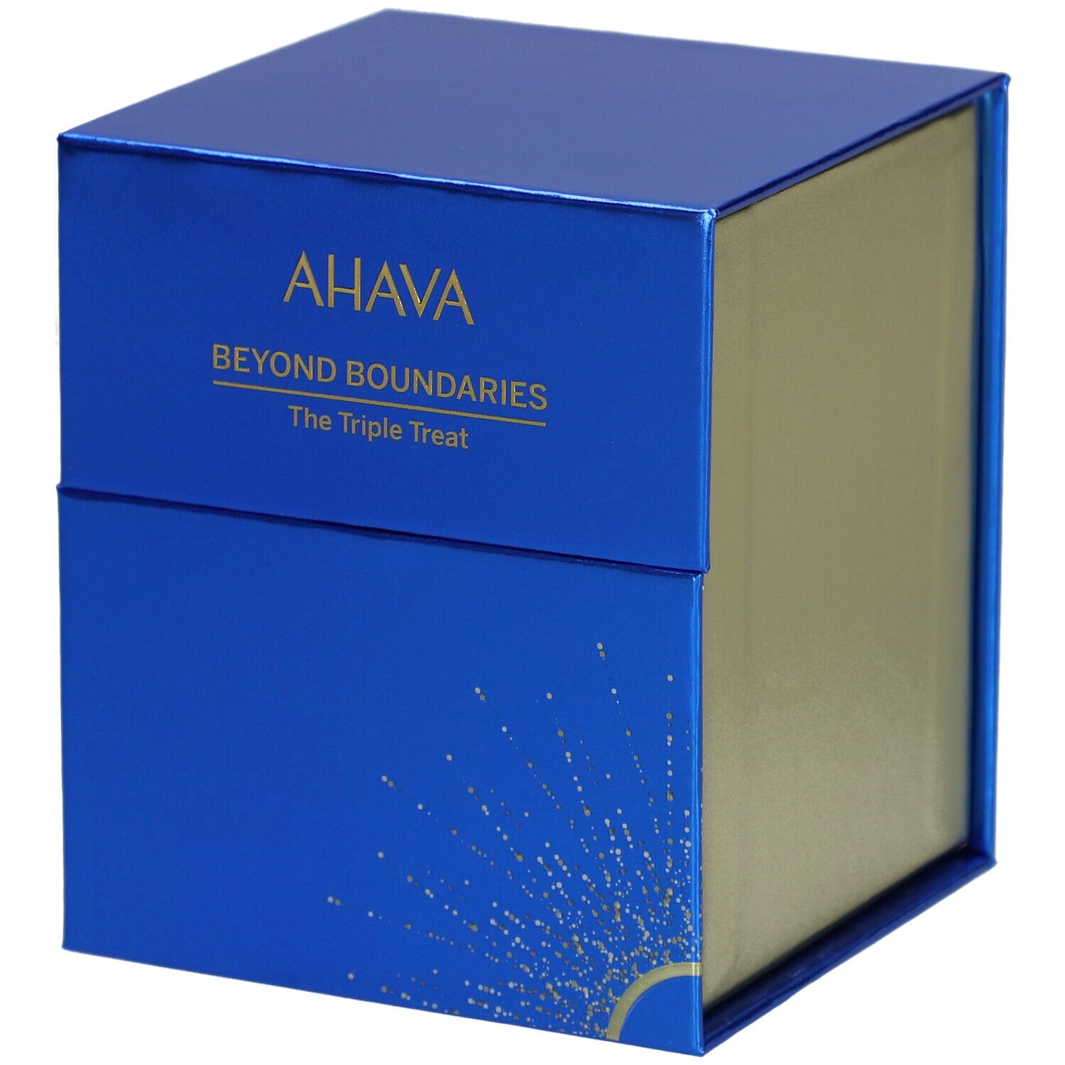 Coffret cadeau bleu et doré. Logo AHAVA et texte "Beyond Boundaries".