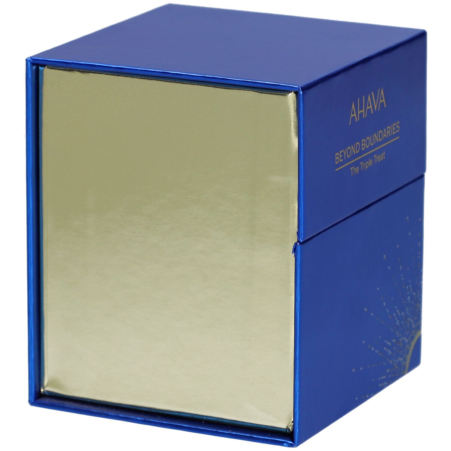 Coffret cadeau bleu et doré. Logo AHAVA et texte "Beyond Boundaries".