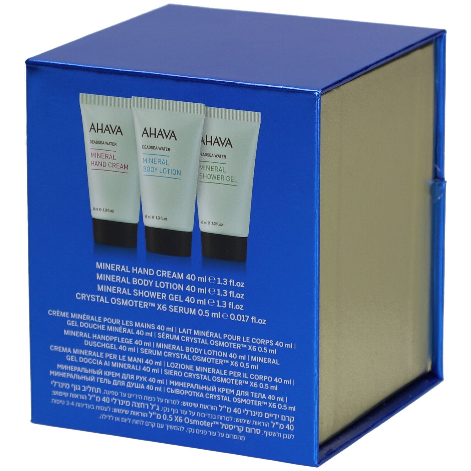 Coffret cadeau avec trois tubes et informations sur les produits. Logo AHAVA et noms des produits.