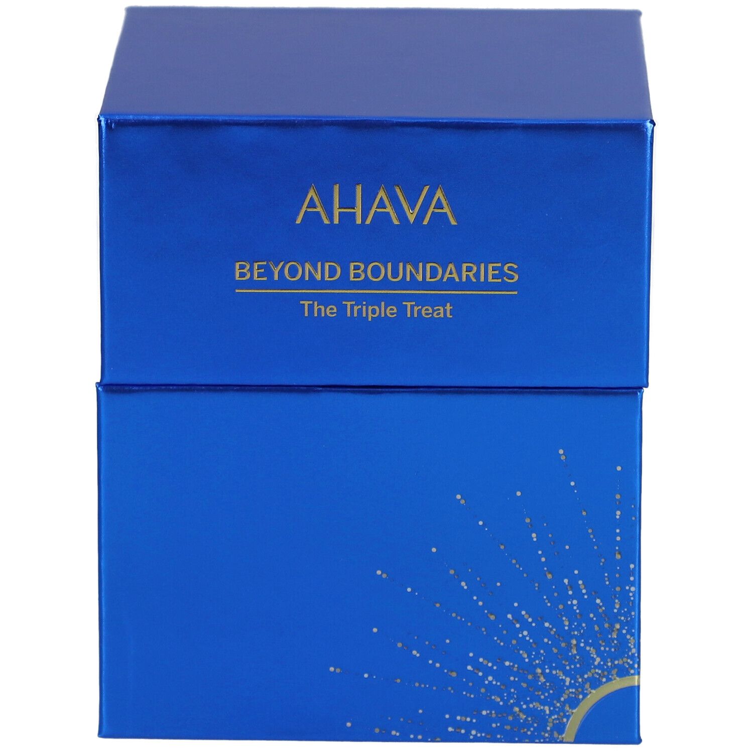Coffret cadeau bleu et doré. Logo AHAVA et texte "Beyond Boundaries".