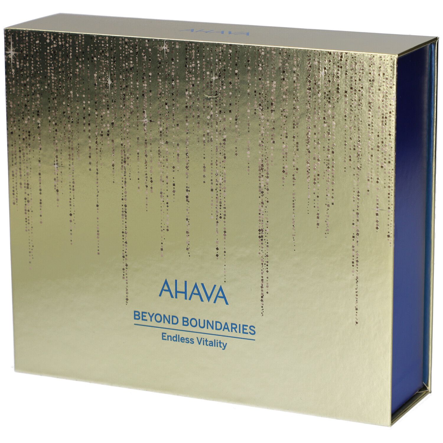 Coffret doré avec intérieur bleu. Inscription: AHAVA Beyond Boundaries Endless Vitality.