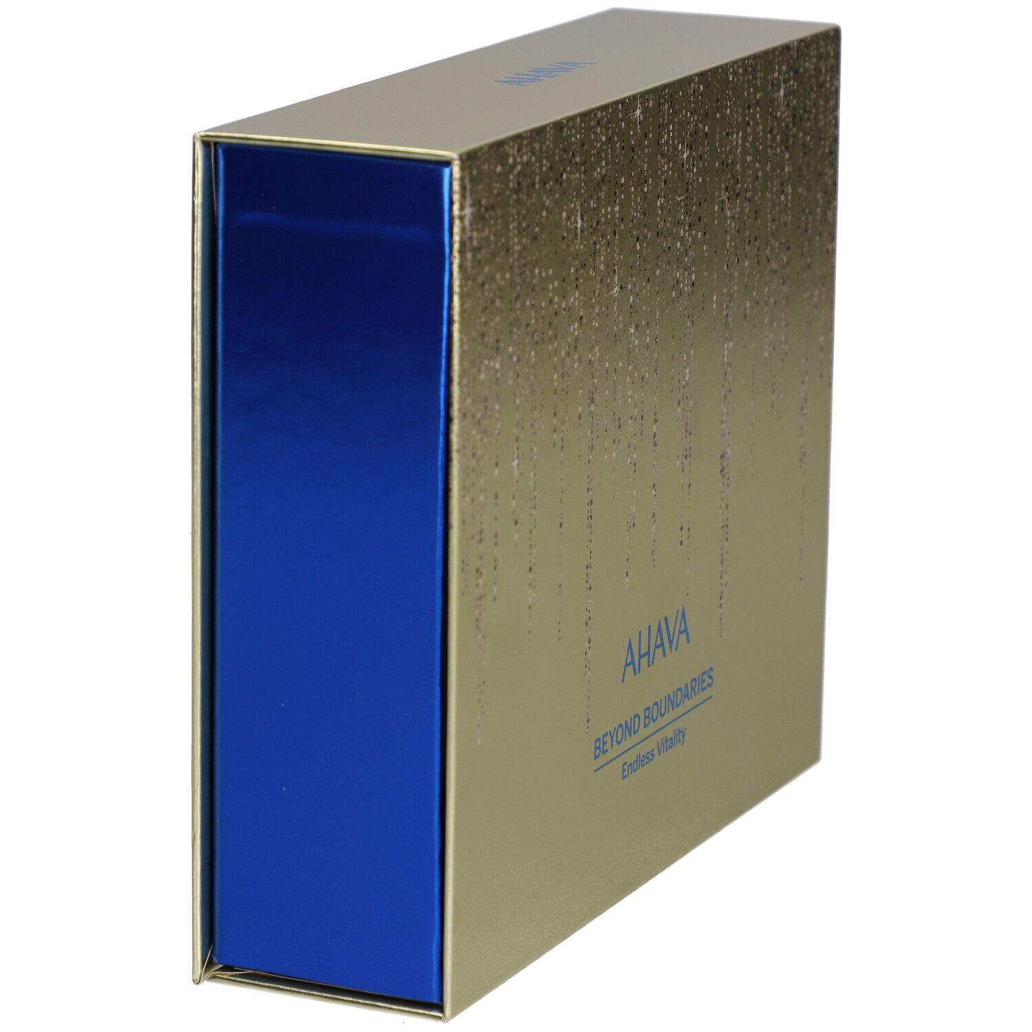 Coffret doré avec intérieur bleu. Inscription: AHAVA Beyond Boundaries Endless Vitality.