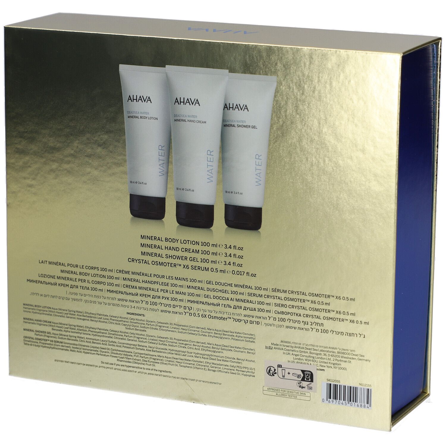 Coffret avec trois tubes et texte. Inscription: AHAVA, Mineral Body Lotion, Hand Cream, Shower Gel.