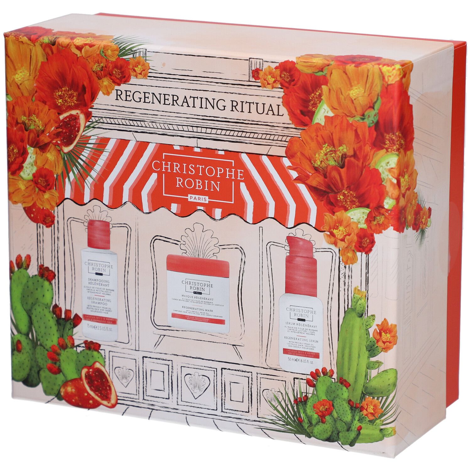 Geschenkbox mit drei Produkten. Aufschrift: Regenerating Ritual, Christophe Robin. Dekoration mit Blumen und Kaktus.