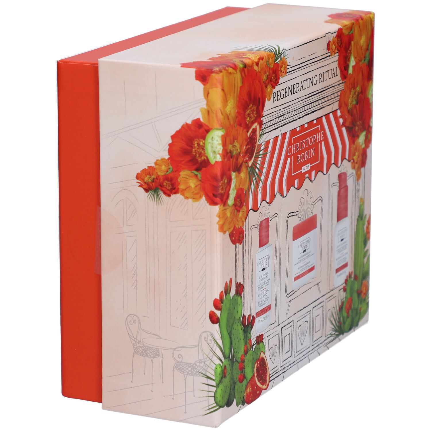 Seitenansicht der Geschenkbox. Aufschrift: Regenerating Ritual, Christophe Robin. Dekoration mit Blumen und Kaktus.