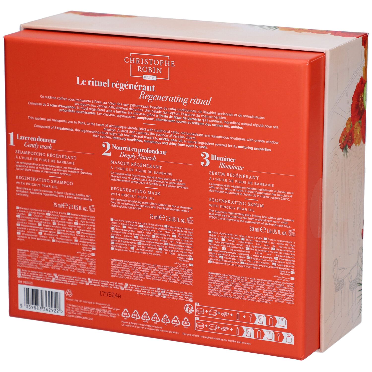 Rückseite der Geschenkbox. Text in Deutsch, Französisch und Englisch. Produktnamen und Inhaltsstoffe.