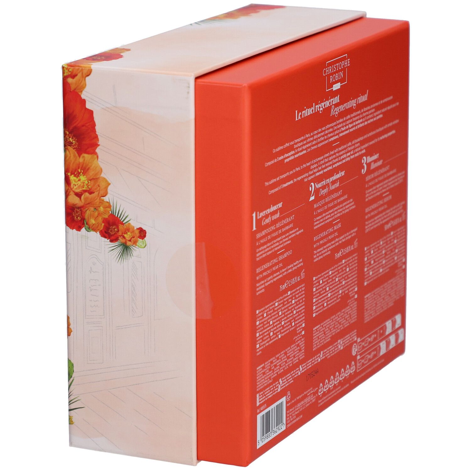 Seitenansicht der Geschenkbox. Aufschrift: Regenerating Ritual, Christophe Robin. Dekoration mit Blumen.