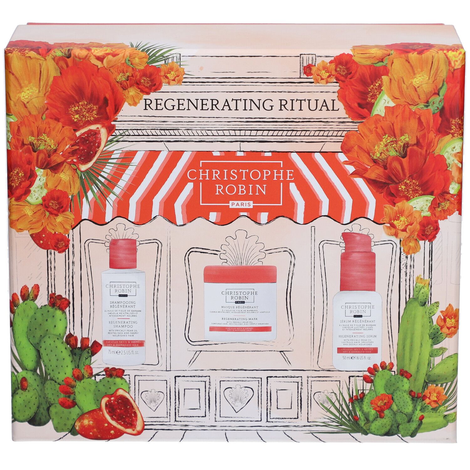 Geschenkbox mit drei Produkten. Aufschrift: Regenerating Ritual, Christophe Robin. Dekoration mit Blumen und Kaktus.