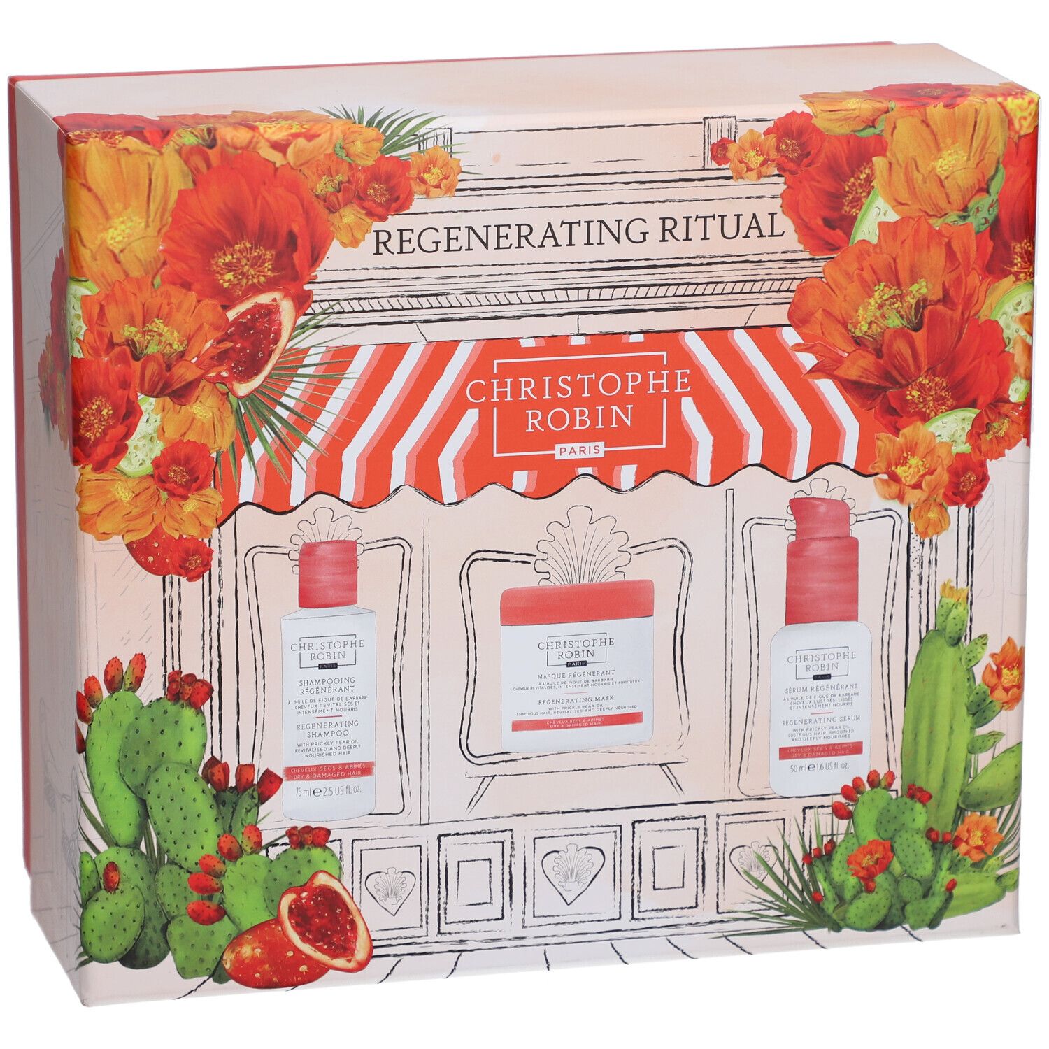 Geschenkbox mit drei Produkten. Aufschrift: Regenerating Ritual, Christophe Robin. Dekoration mit Blumen und Kaktus.