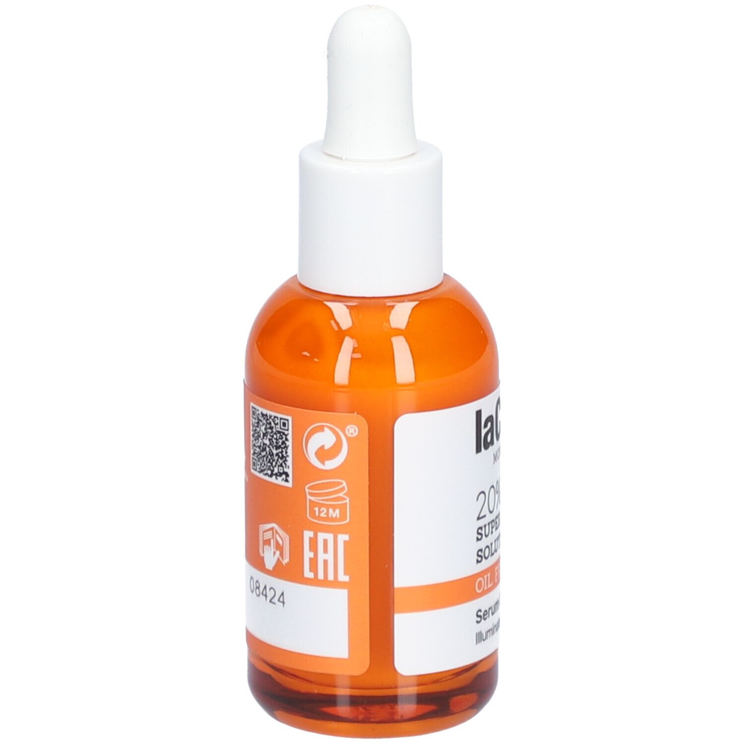 Rückseite einer orangefarbenen Flasche mit weißem Deckel. QR-Code, Symbole und Text. LaCabine, 20% Super Vit-C Solution.