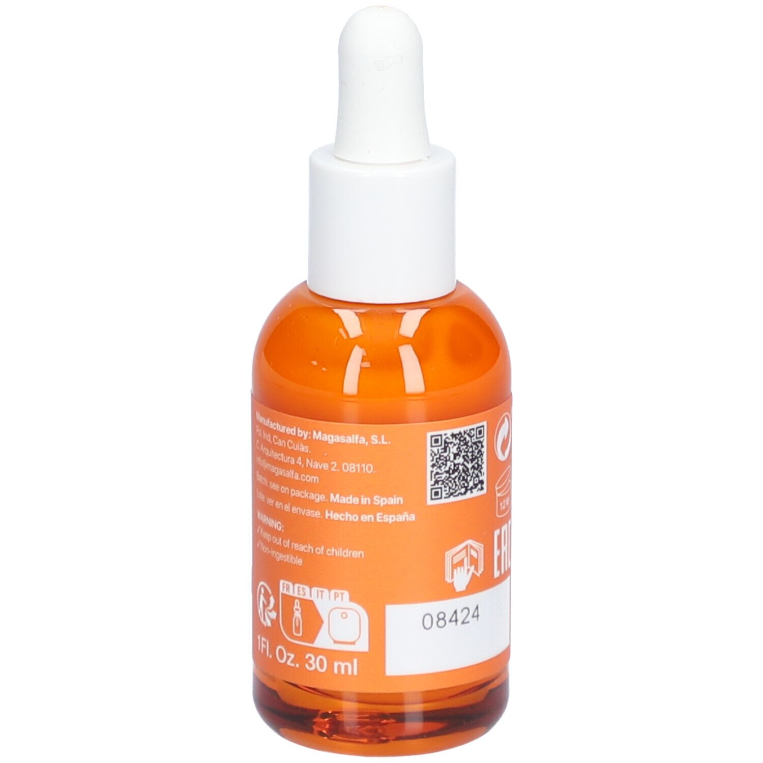 Rückseite einer orangefarbenen Flasche mit weißem Deckel. Text: LaCabine, 20% Super Vit-C Solution, 1 Fl. Oz. 30 ml.